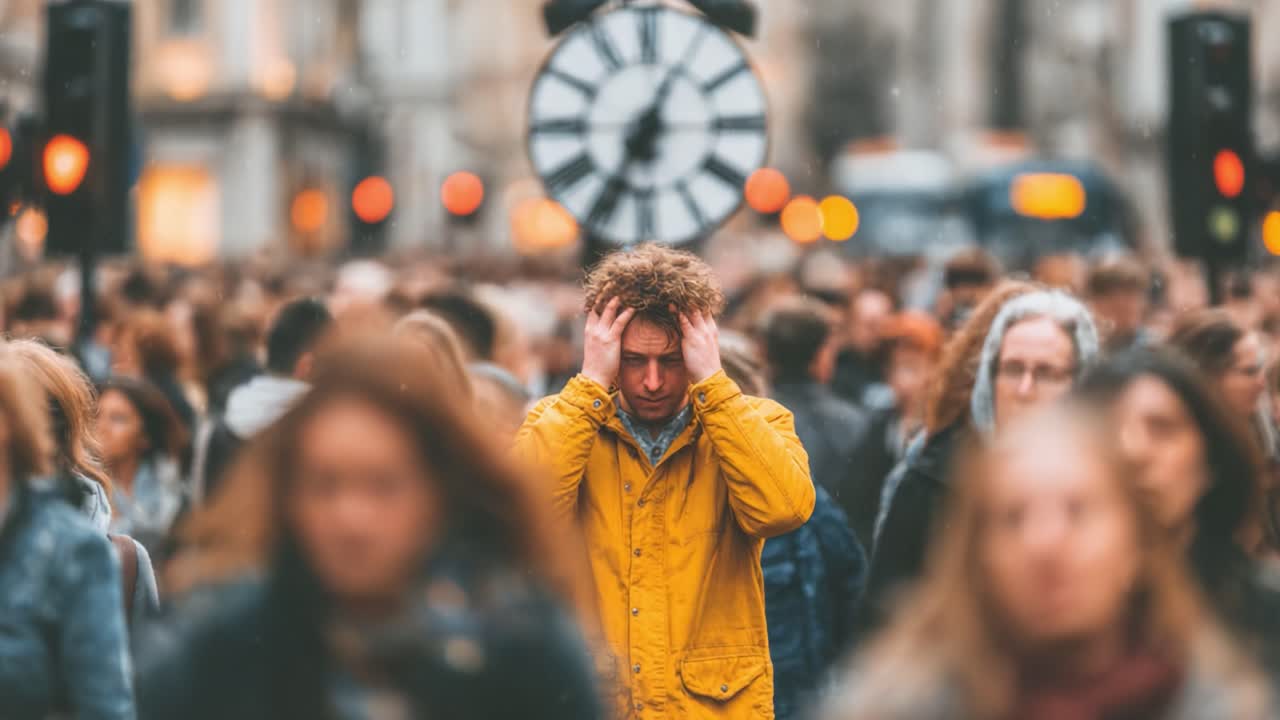 Navigere gjennom folkemengden: En slående kontrast av følelser i en travel, urban setting fanget i to bilder