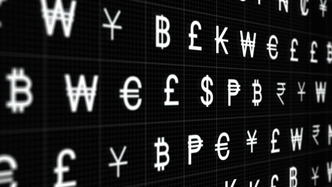 Animation of rows of currency signs moving on black background