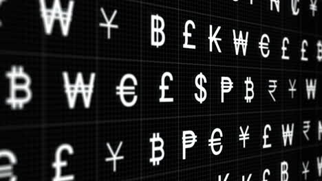 animation of rows of currency signs moving on black background