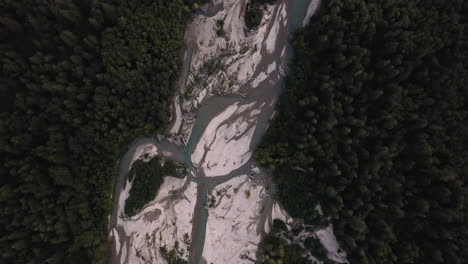 Drone-top-down-overview-of-braided-stream-river-in-PNW-northern-cascades-with-turquoise-water