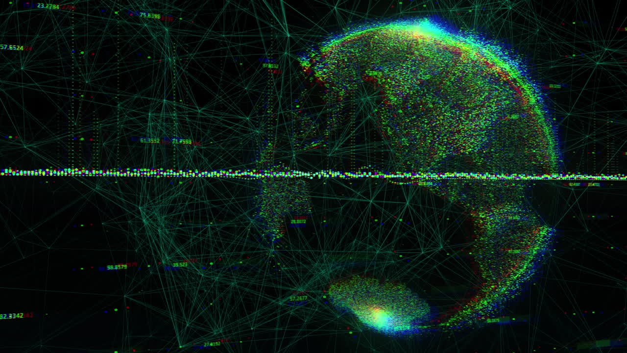 Network of connections and multiple changing numbers against globe on black background