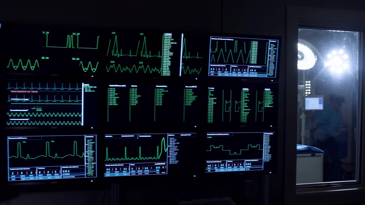 Multi panel medical monitors in dim hospital control room show vivid green ECG and waveform traces while observation window reveals bright surgical lamp, blurred staff movement, and clinical equipment
