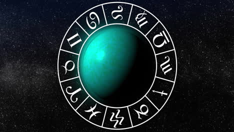 Animation-of-circle-with-zodiac-symbols-over-globe-on-black-background