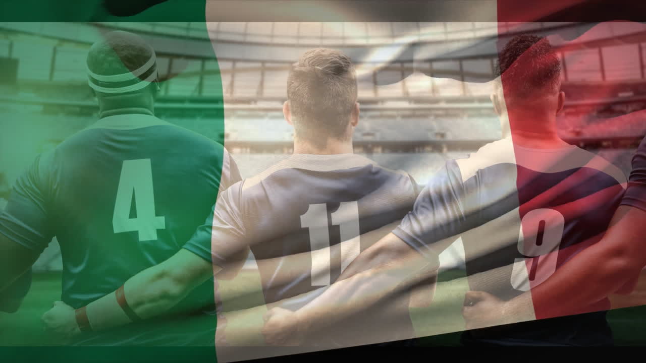 Standing together in stadium, rugby players with animation of Italian flag