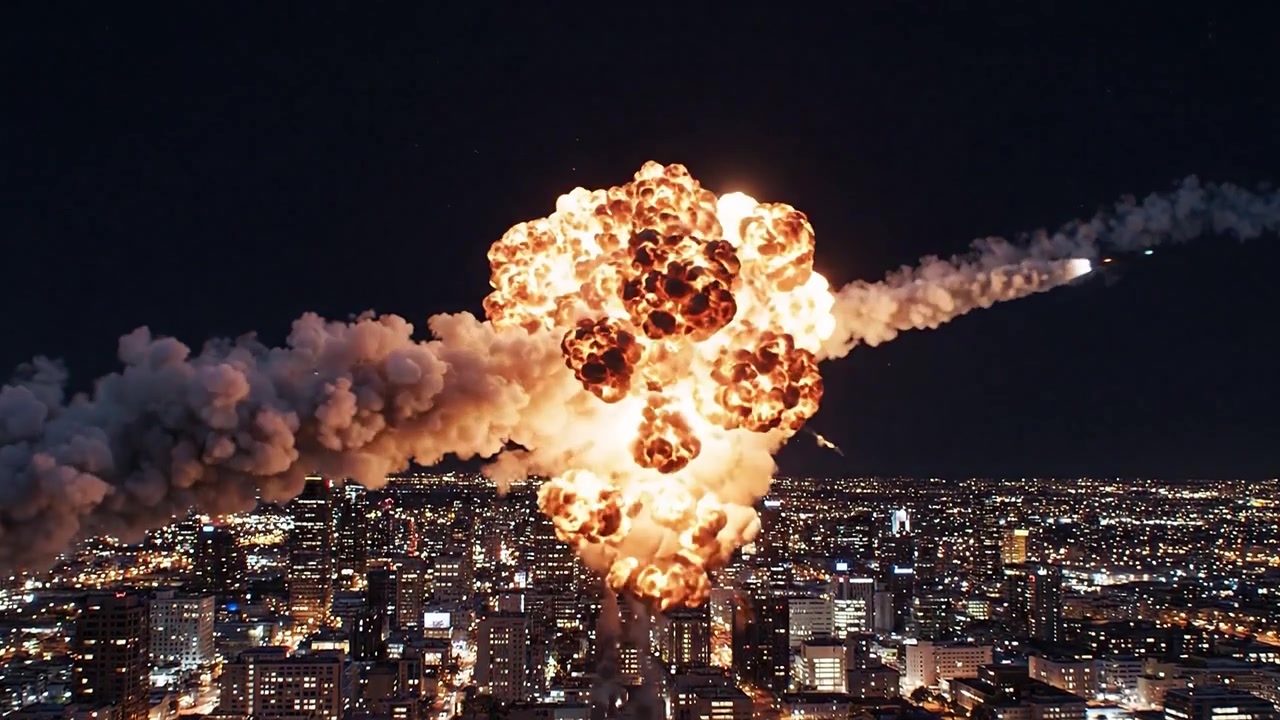 Noite Dramática Sobre a Cidade: Mísseis Lançados, Explosões Irrompendo em Meio ao Horizonte Urbano, Destacando o Caos e a Destruição em uma Metrópole Moderna