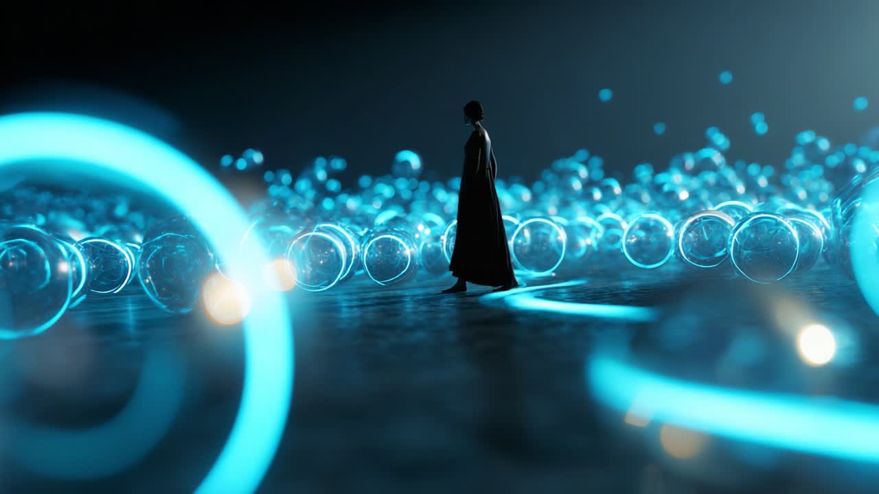 A solitary figure navigates a captivating landscape filled with illuminated orbs and glowing circles, evoking a sense of wonder and exploration in an ethereal, futuristic setting
