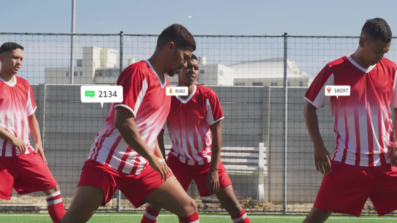 Seven male soccer players forming defensive wall on turf, integrating sports marketing icons