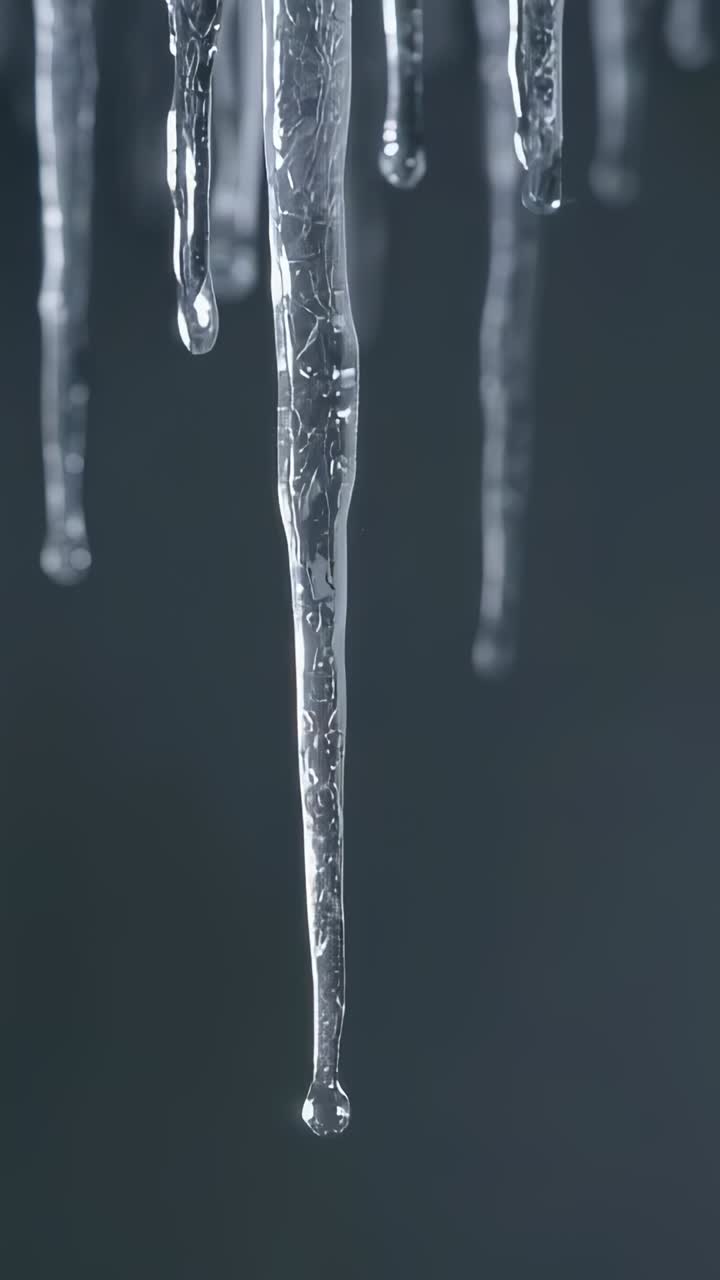 Vertical video: Melting central icicle forming droplet at tip under eave, showing ice texture