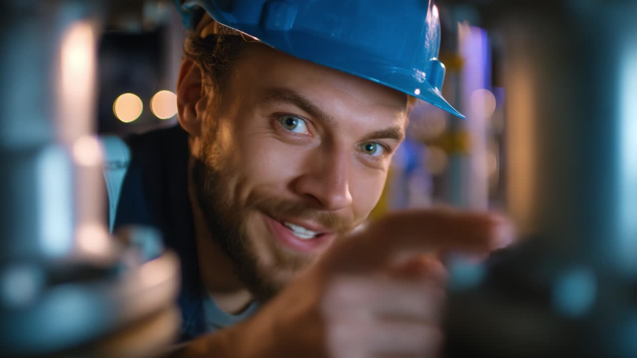 A detailed glimpse into the world of engineering as a cheerful worker showcases enthusiasm while operating machinery in a modern industrial setting