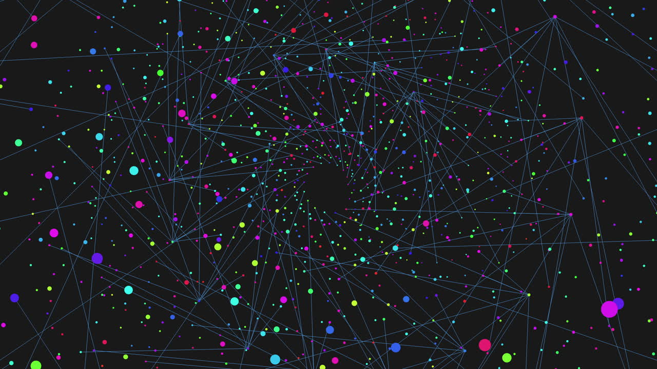Vibrant multicolored network of interconnected lines and dots