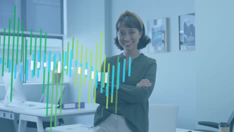 animation of statistical data processing over portrait of biracial woman smiling at office