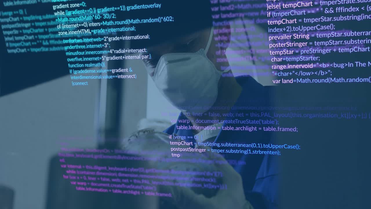 Lab technician lifting 3D organ model and inspecting interior in lab, with scrolling code overlay