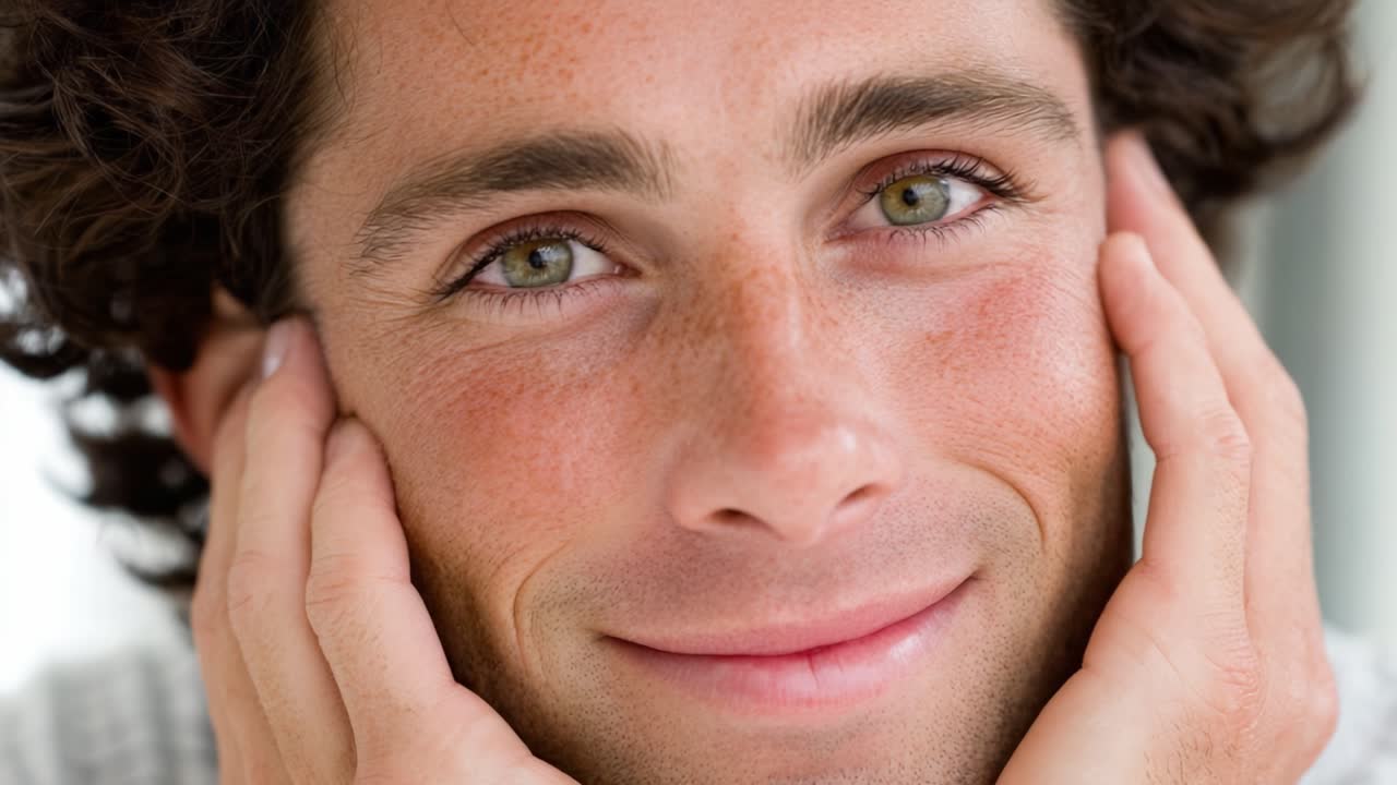 A Portrait of Joyful Expression: Capturing the Sincere Smile and Warmth in a Man's Face with Gentle Hands Framing His Features