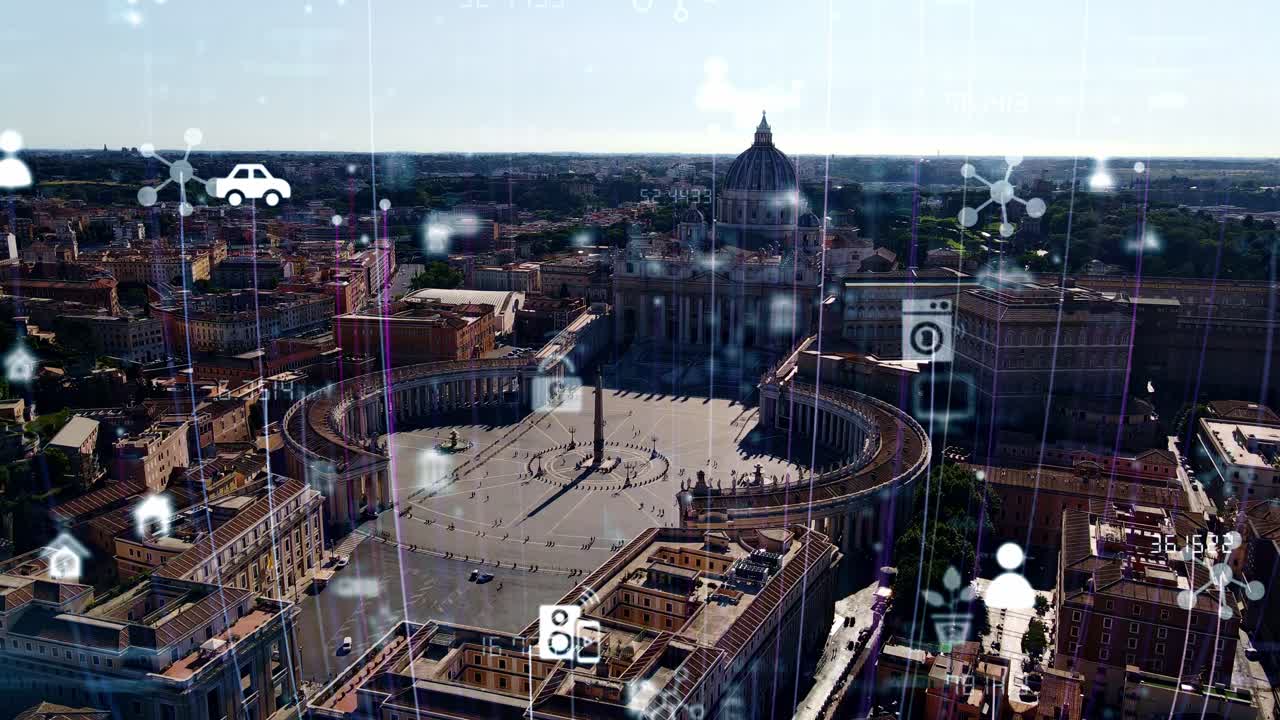 Modern digital overlay over Saint Peter Square in Vatican, connected world