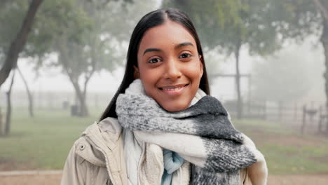 face, woman and nature in winter with smile