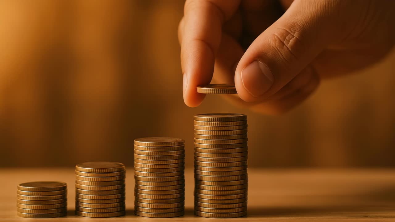 Close-up, side angle of a hand stacking coins, symbolizing growth and savings