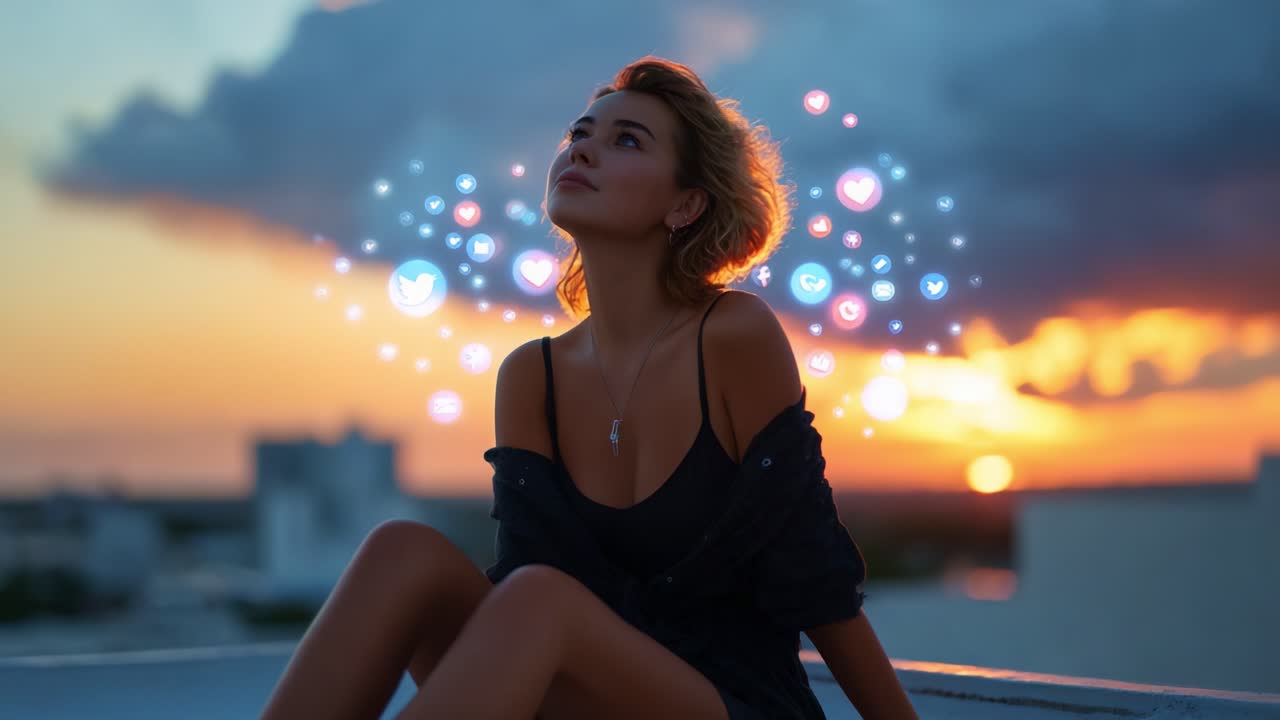 A contemplative young woman gazes into the sunset, surrounded by glowing icons representing social media interactions, blending beauty and a digital connection while enjoying a serene evening sky