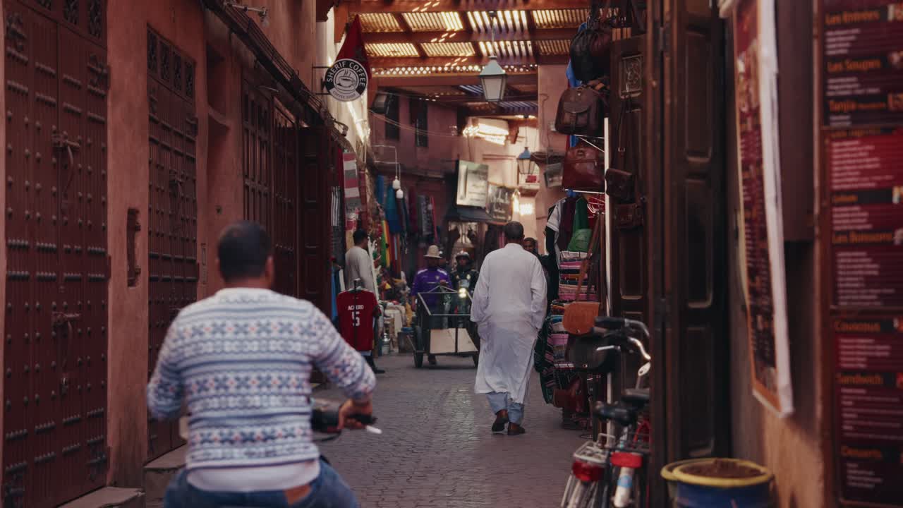 Close up shot of the souks markets in the Medina old town in Marrakesh, Morocco.