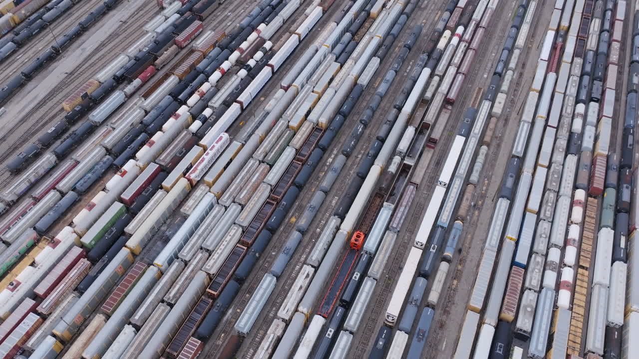 Aerial footage panning across all the waiting trains at the train yard in Chattanooga, TN.
