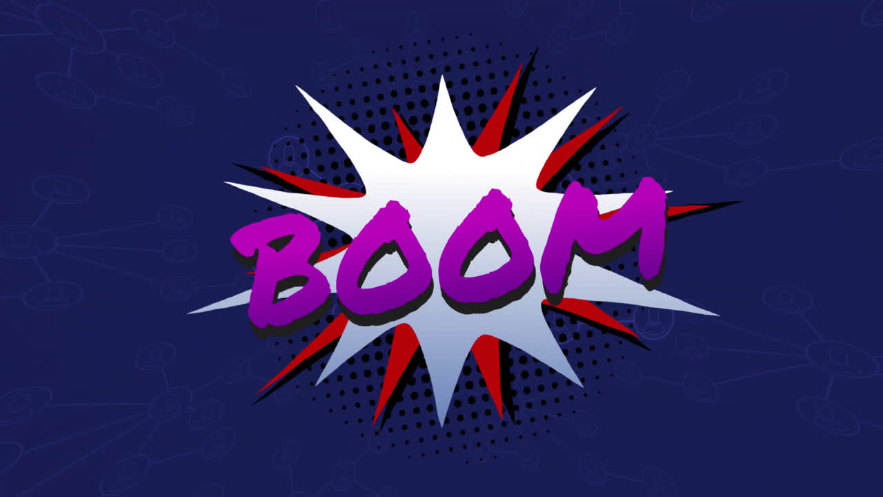 Boom text animation with comic book style explosion on dark blue background