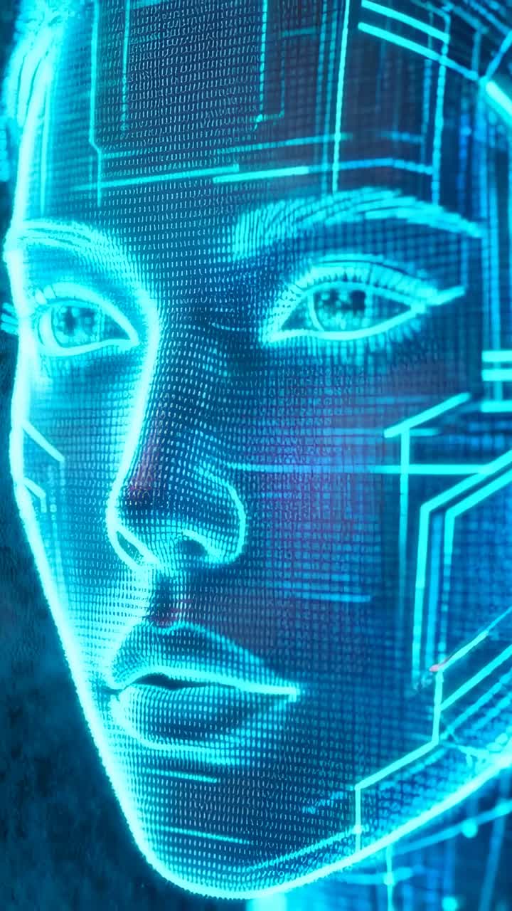 Video verticale: schermo che si accende, formazione e assestamento di una faccia olografica ciano in un laboratorio con punti e circuiti
