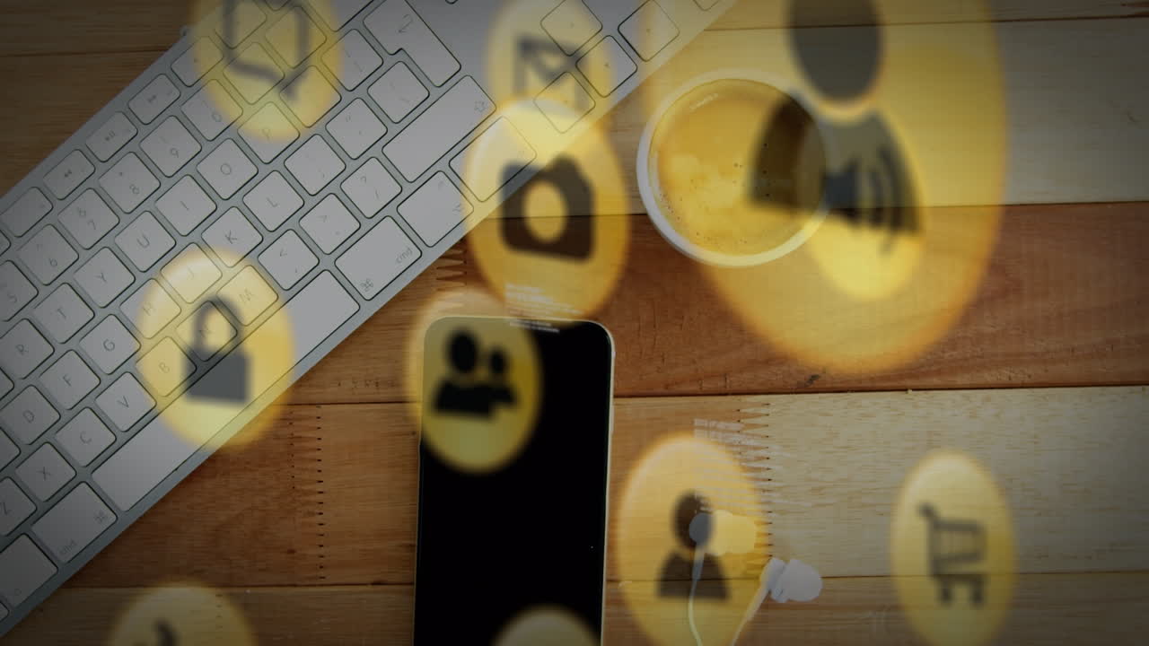 animación de iconos digitales en línea a través de teléfonos inteligentes y teclado