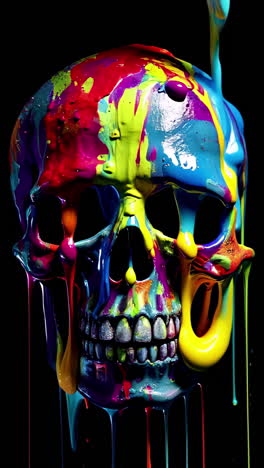 splattered skull in different colors on a black background