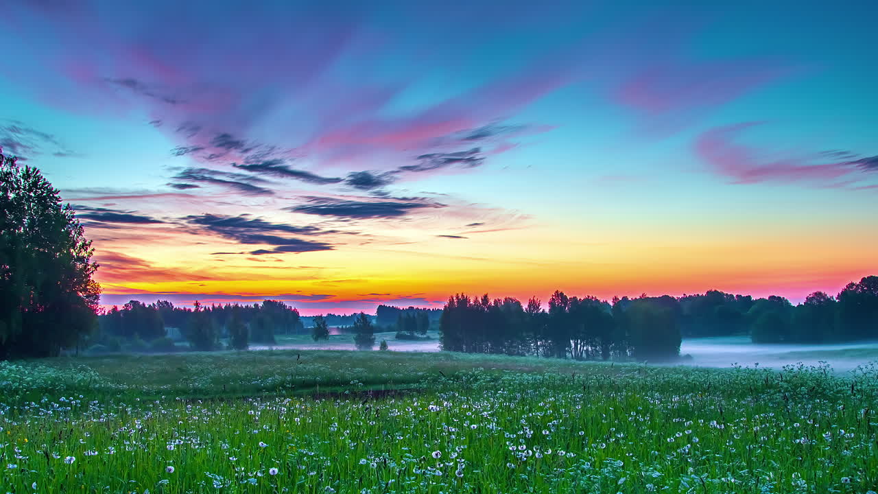 황금빛 일출과 안개가 광야의 초원 위로 날아가는 아름다운 아침의 저속 촬영