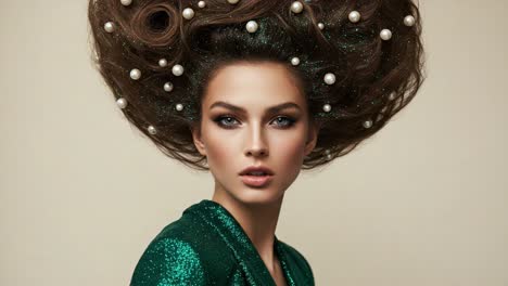 captivating portrait of a model with extravagant hair design adorned with pearls against a neutral background, highlighting unique beauty and fashion statement