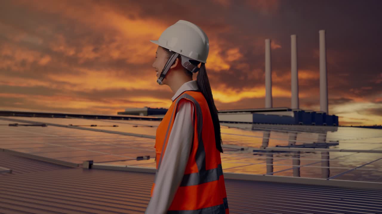 Sidebillede af asiatisk kvindelig ingeniør, der går og inspicerer solpaneler på et tag ved solnedgang.