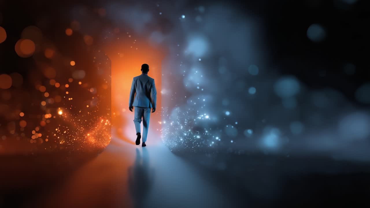 Uma figura solitária está no limiar de uma porta brilhante, cercada por cores vivas e rodopiantes que representam uma escolha entre dois reinos distintos de existência.