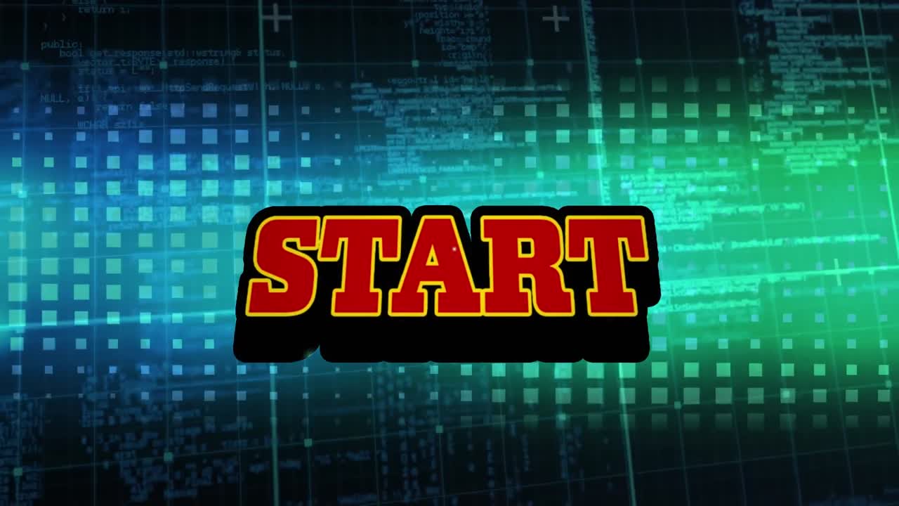 Animation of start text over shapes and data processing on black background