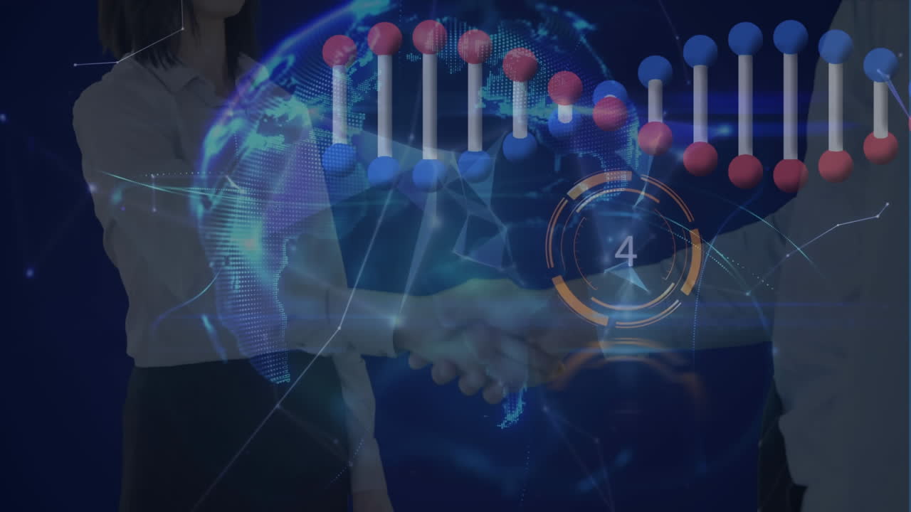animación de la cadena de adn girando sobre el procesamiento de datos científicos en pantallas móviles