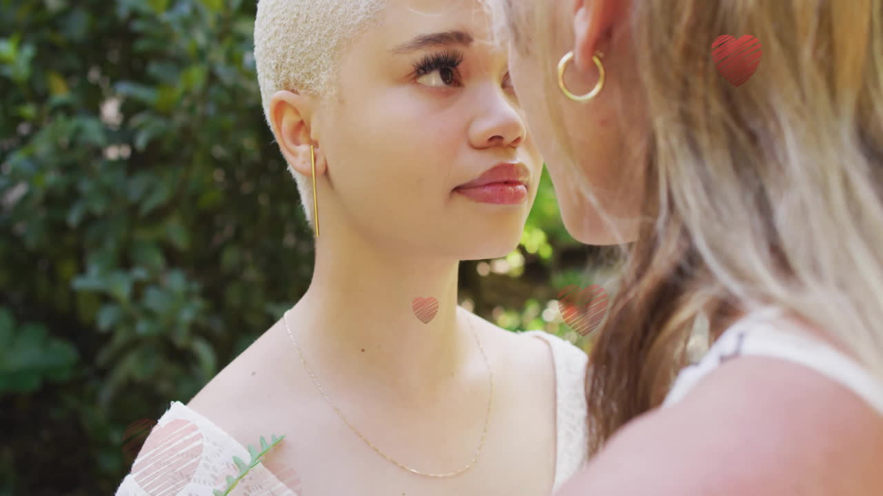 animación de corazones cayendo sobre una pareja de mujeres diversas abrazándose