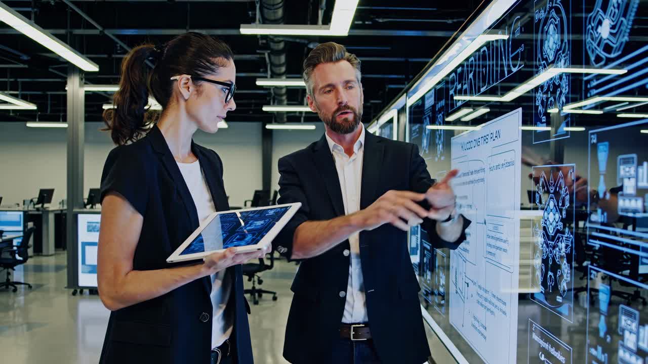 A modern office scene with two professionals discussing data on a digital screen