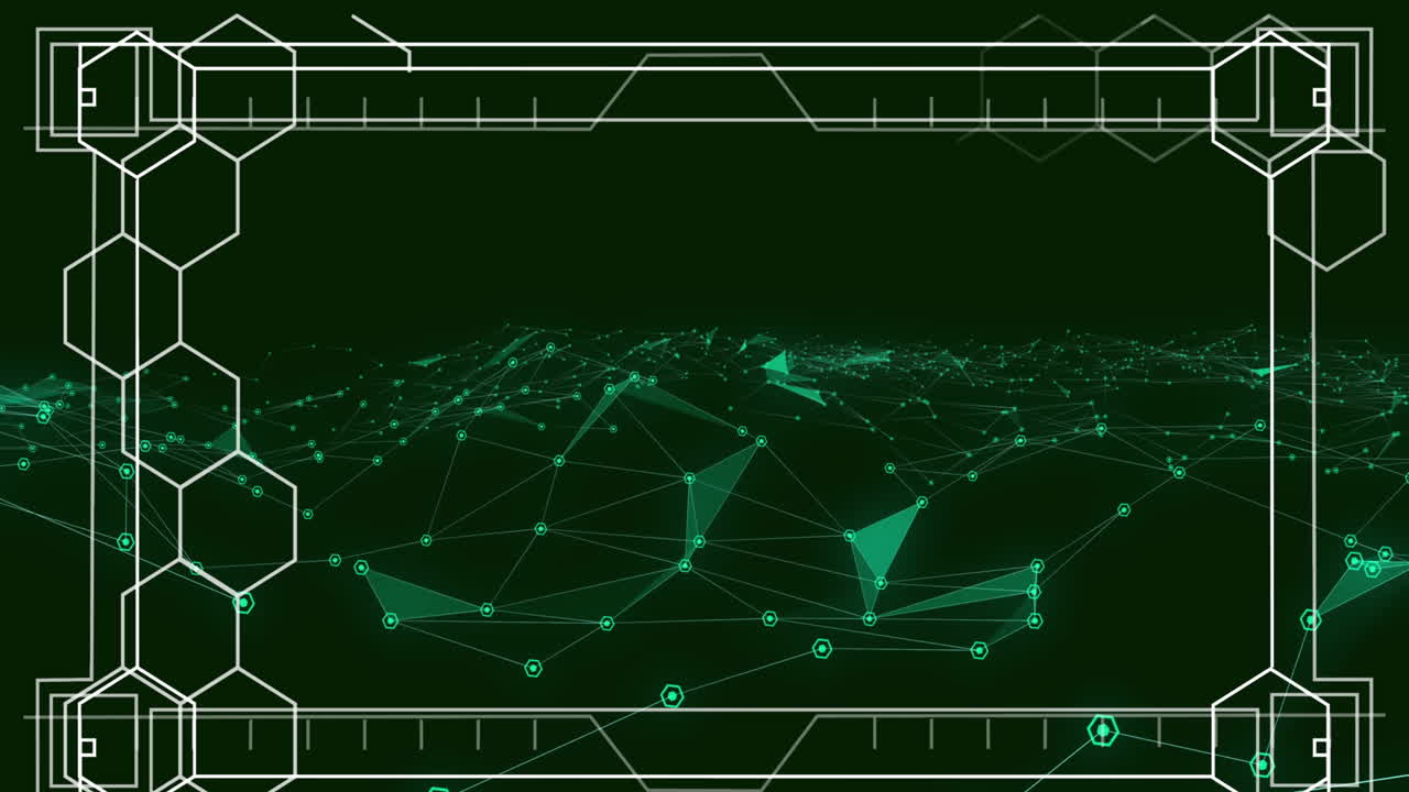 Animation of screen with hexagons and network of connections over green background