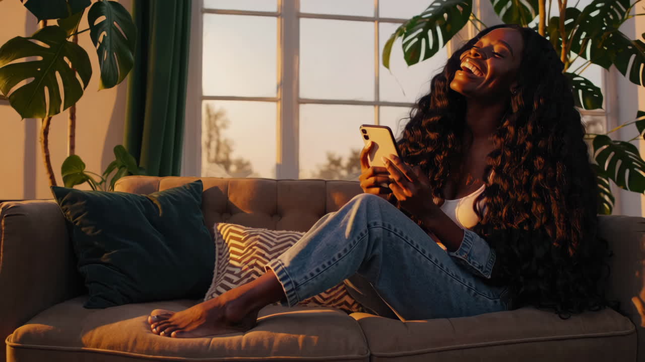 mujer usando un teléfono inteligente en un sofá