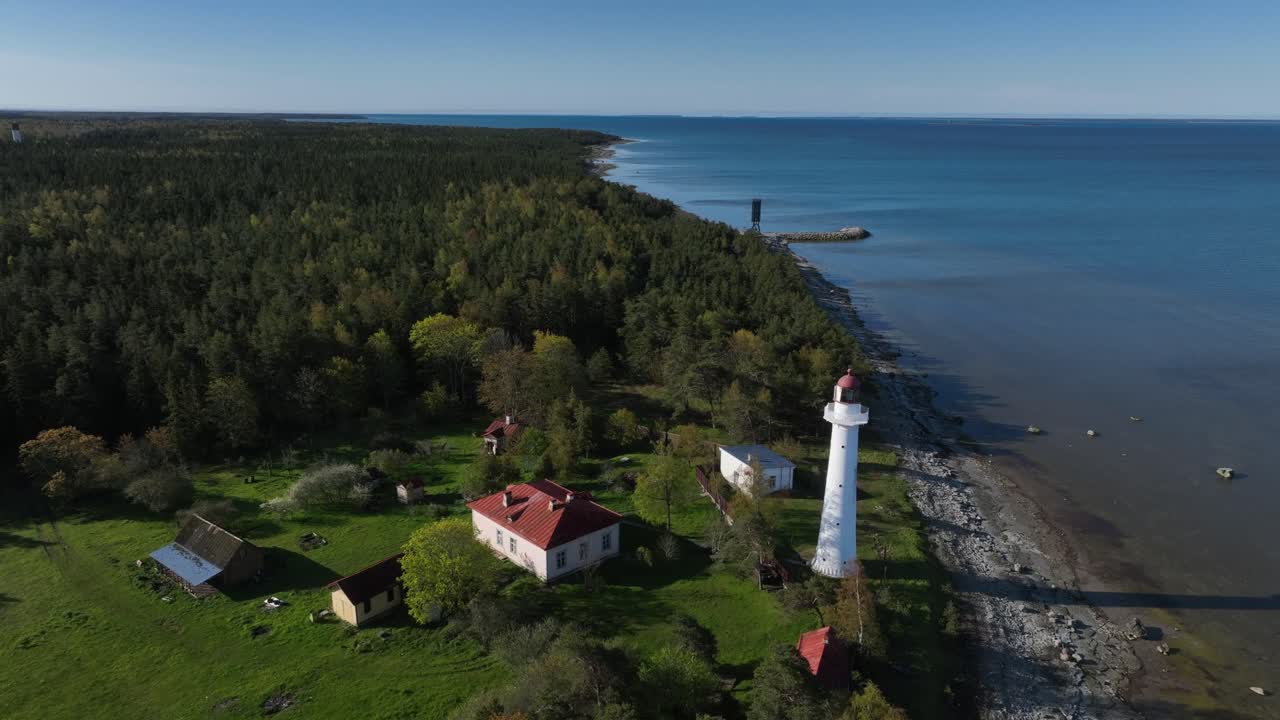 Aerial view of Saxby Lighthouse on the island of Vormsi in Estonia.