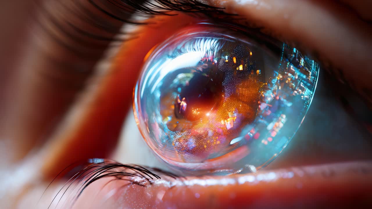 A Magnified View of a Human Eye Reflecting a Futuristic Urban Landscape with Vivid Colors and Intricate Details, Showcasing the Beauty and Complexity of Vision in the Modern World