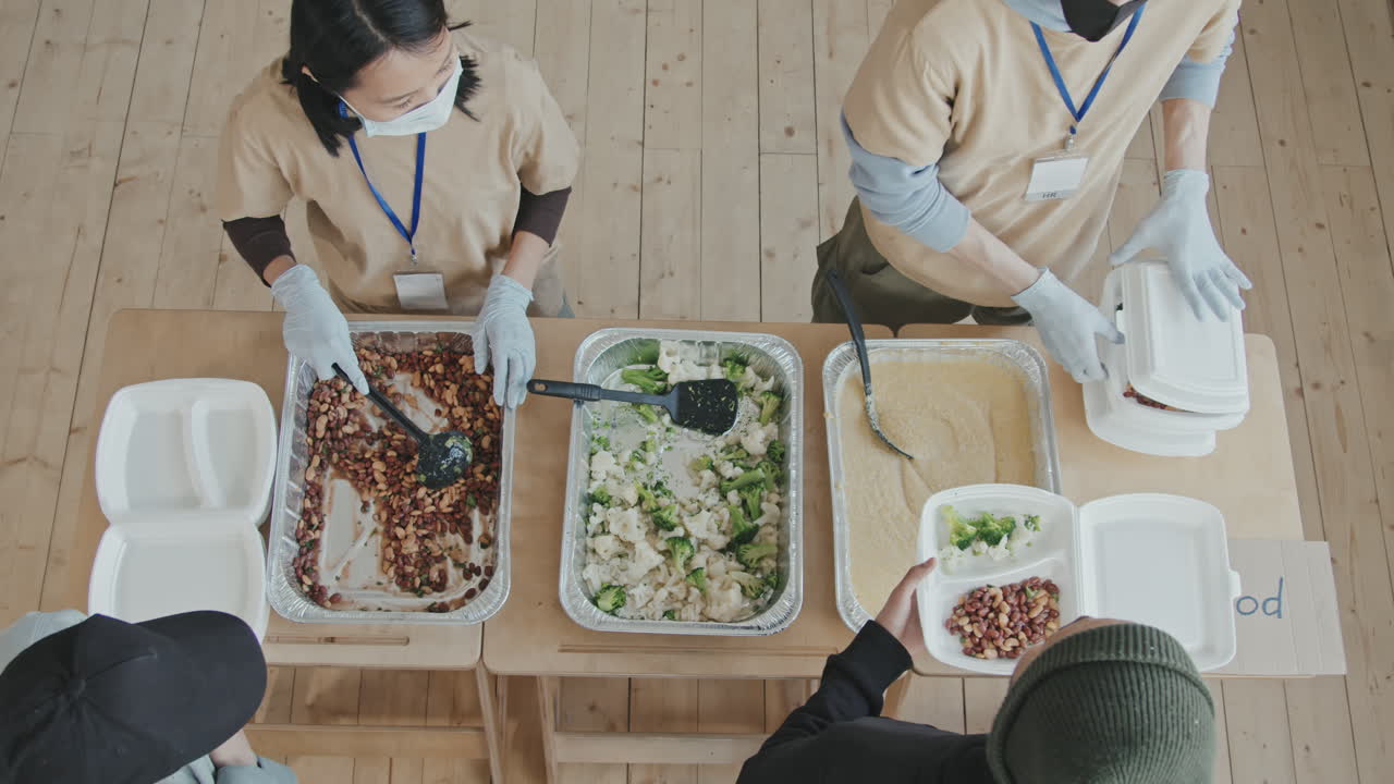 Top-View of Volunteers Giving Food to Needy People