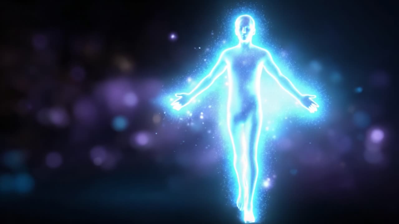 A luminous figure radiating ethereal energy, captured in a transformative moment amidst a backdrop of vibrant colors and sparkling light particles