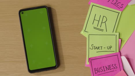 concepto de negocio de notas adhesivas giratorias con términos comerciales y financieros y teléfono móvil de pantalla verde 1