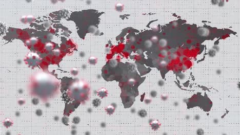 Animation-Von-Viruszellen-über-Der-Weltkarte,-Die-Rot-Werden