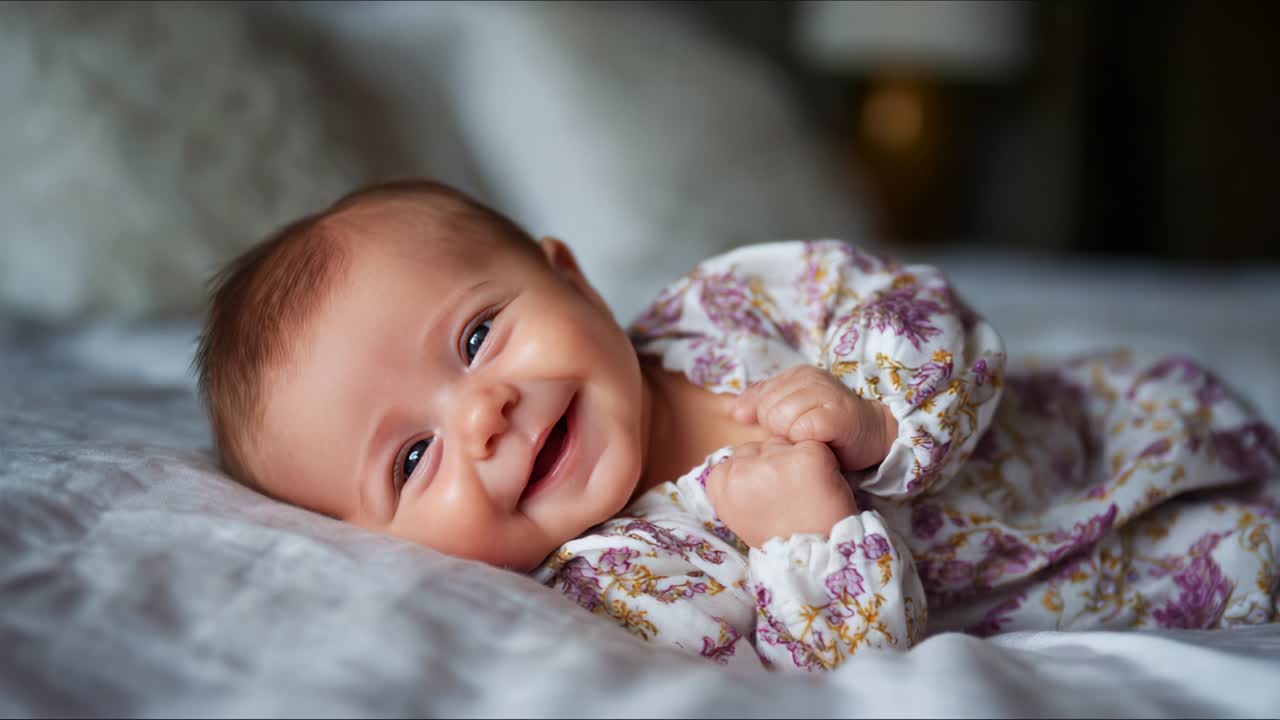 A Joyful Baby's Smile: Capturing the Delight and Innocence of Childhood in Two Moments of Pure Happiness on a Soft, Cozy Bed