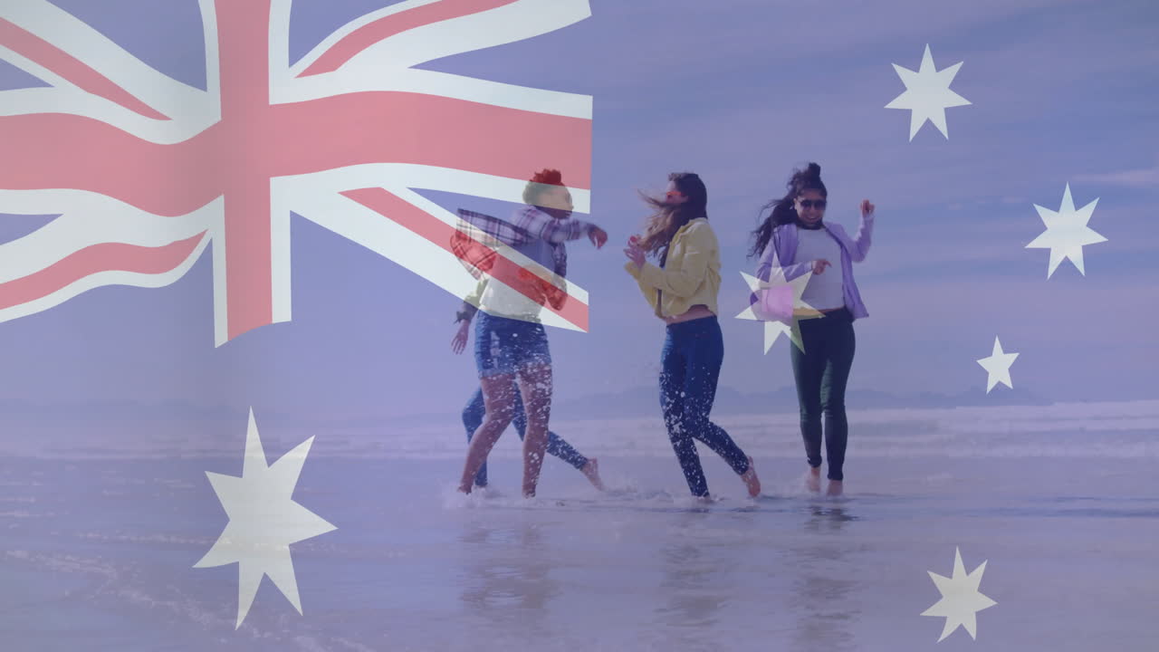 Playing at beach, group of friends with Australian flag animation overlay