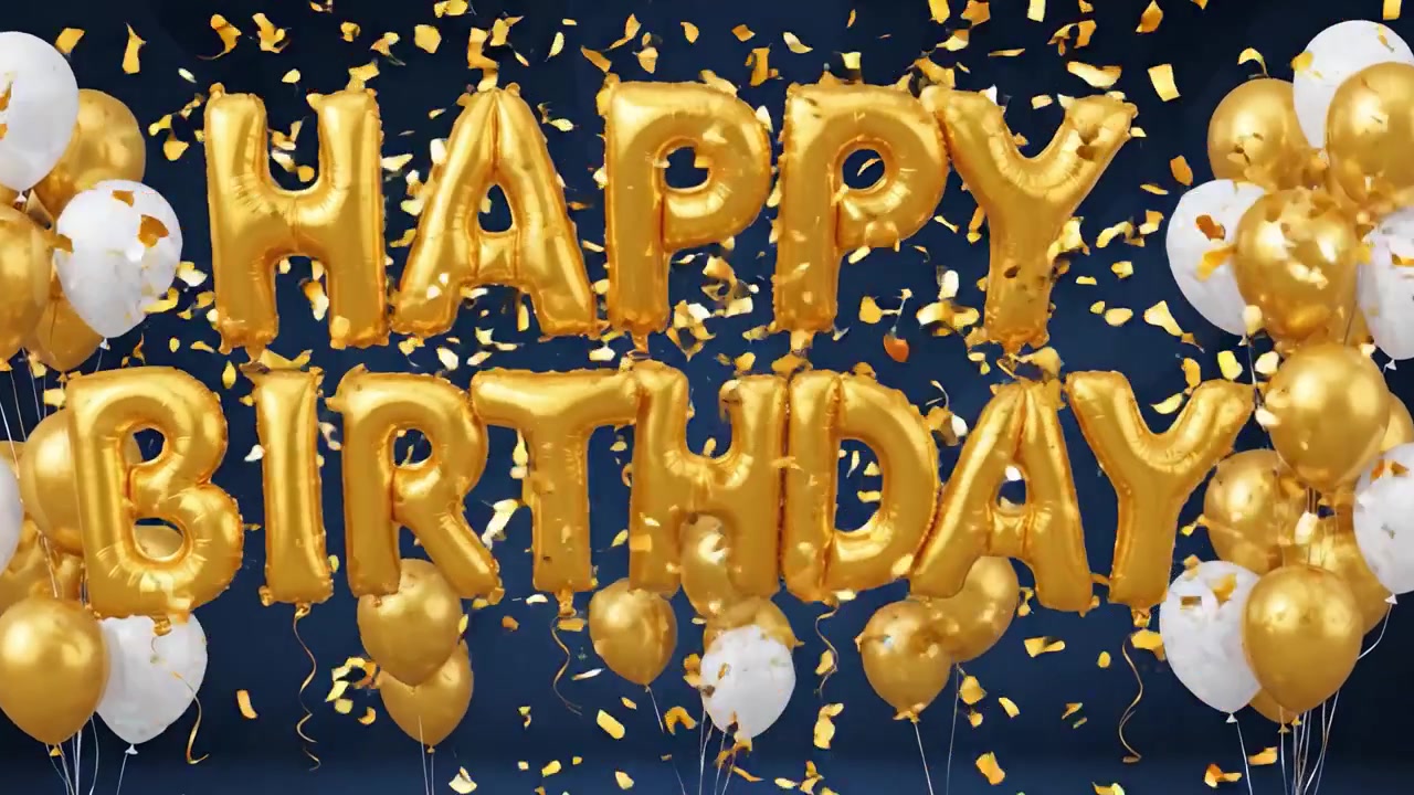 Una vivace celebrazione di compleanno dorata con palloncini festivi e una tipografia allegra su uno splendido sfondo blu