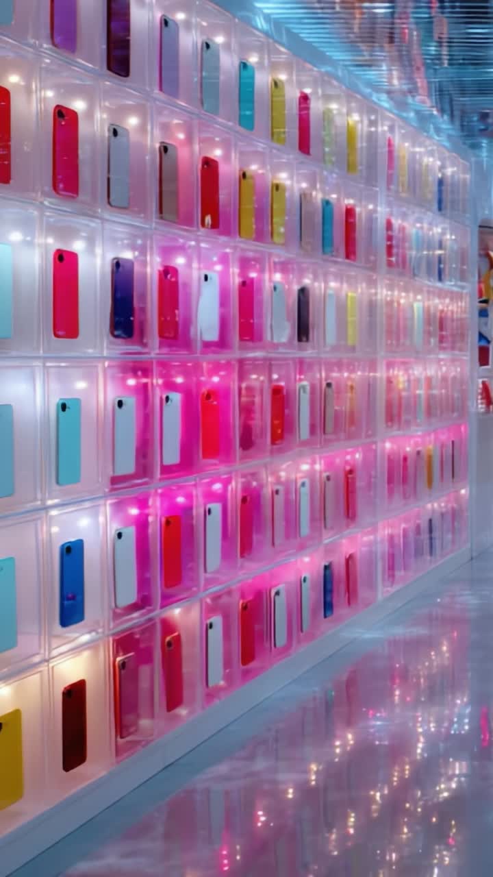 Vibrant Display of Colorful Mobile Phone Cases Illuminated with Soft LED Lights Creating a Modern Aesthetic in a Trendy Retail Environment