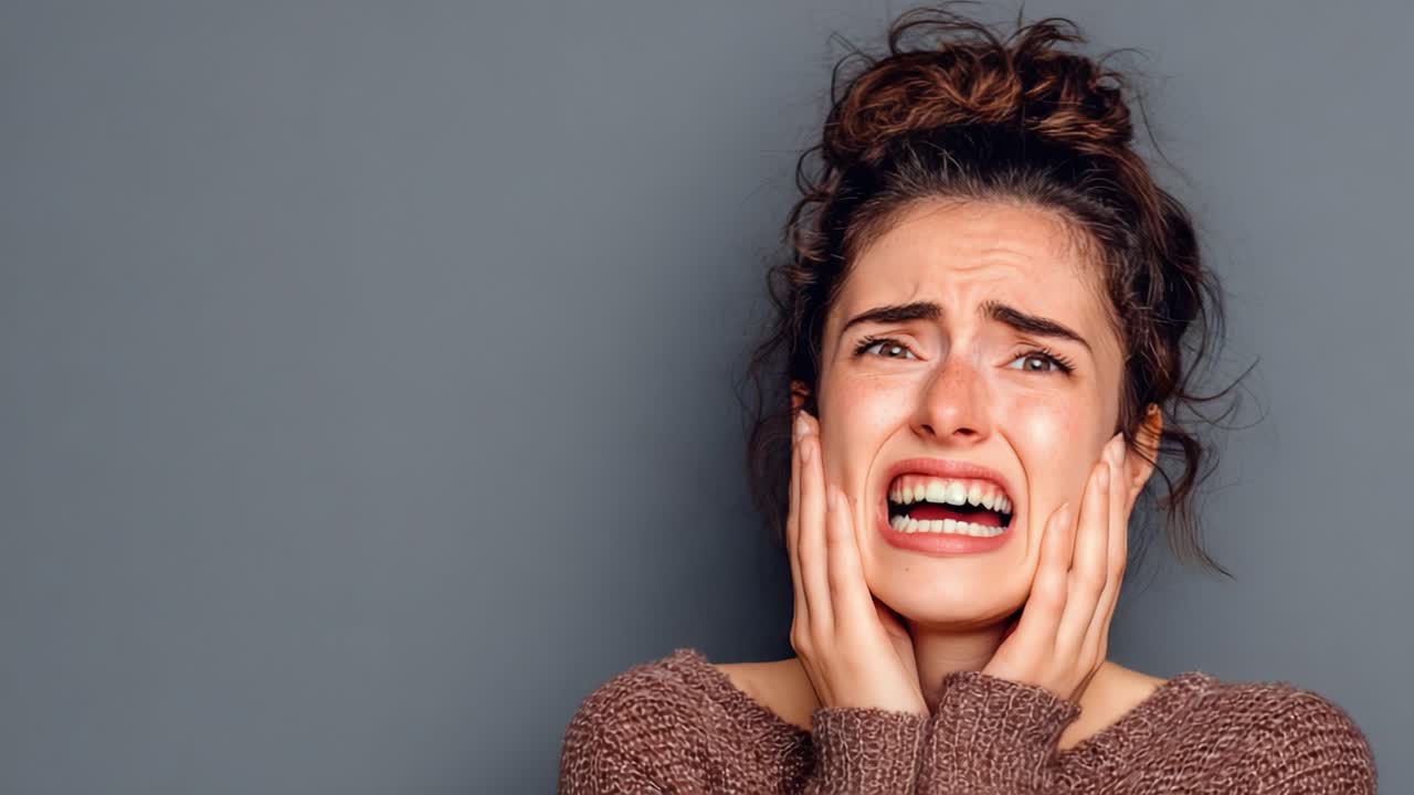 Una giovane donna emotivamente turbata esprime paura e ansia con un'espressione facciale sofferente mentre si tiene il viso con disagio su uno sfondo grigio.