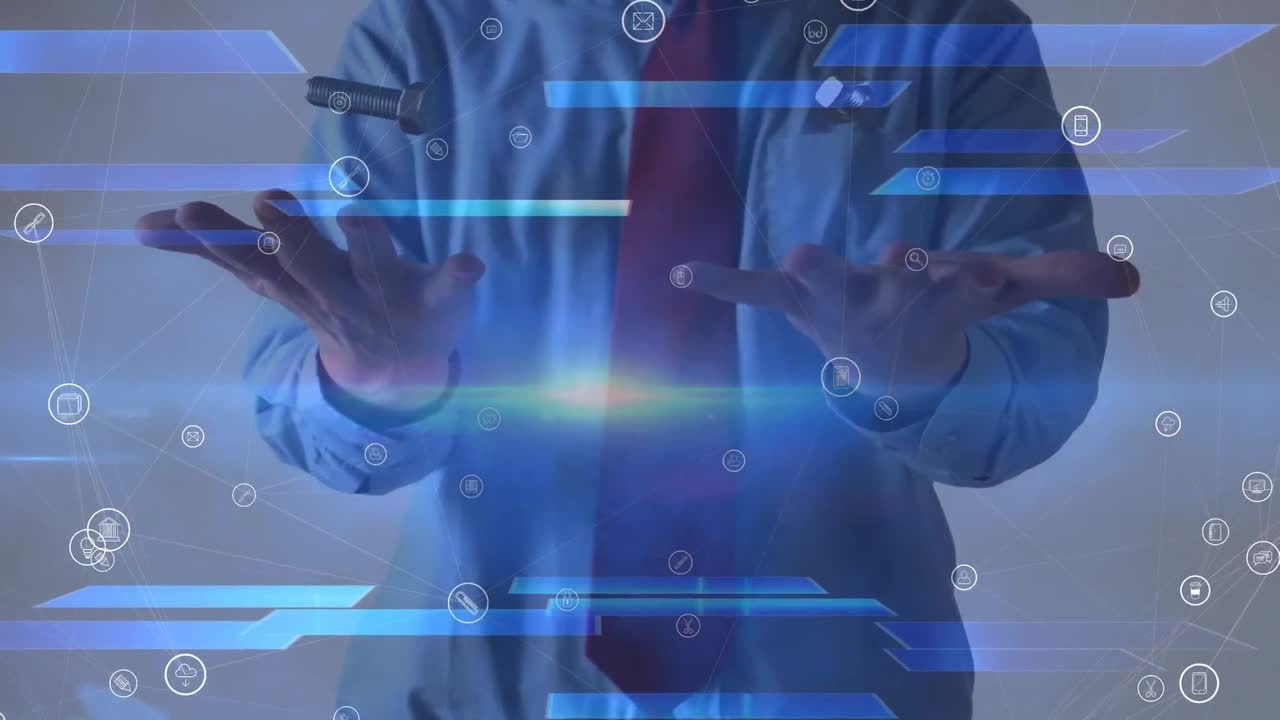 미디어 아이콘의 애니메이션이 도시 위에서 떠다니고 사업가가 견과류와 볼트를 던지고 잡고 있습니다.