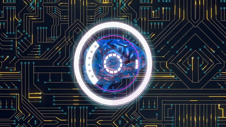 Rotating digital circuit board and futuristic animation over electronic components